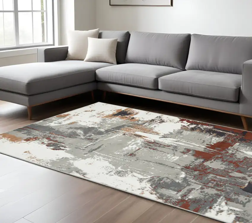 Ivory Gray and Rust Abstract Power Loom Area Rug Photo 1