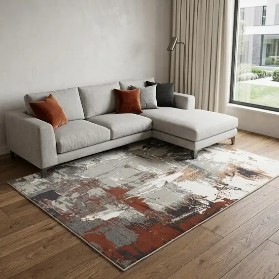 Ivory Gray and Rust Abstract Power Loom Area Rug Photo 1