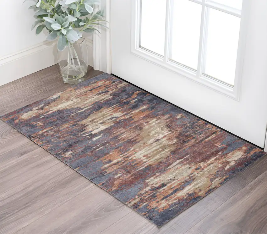 Ivory Rust and Blue Abstract Power Loom Area Rug Photo 1