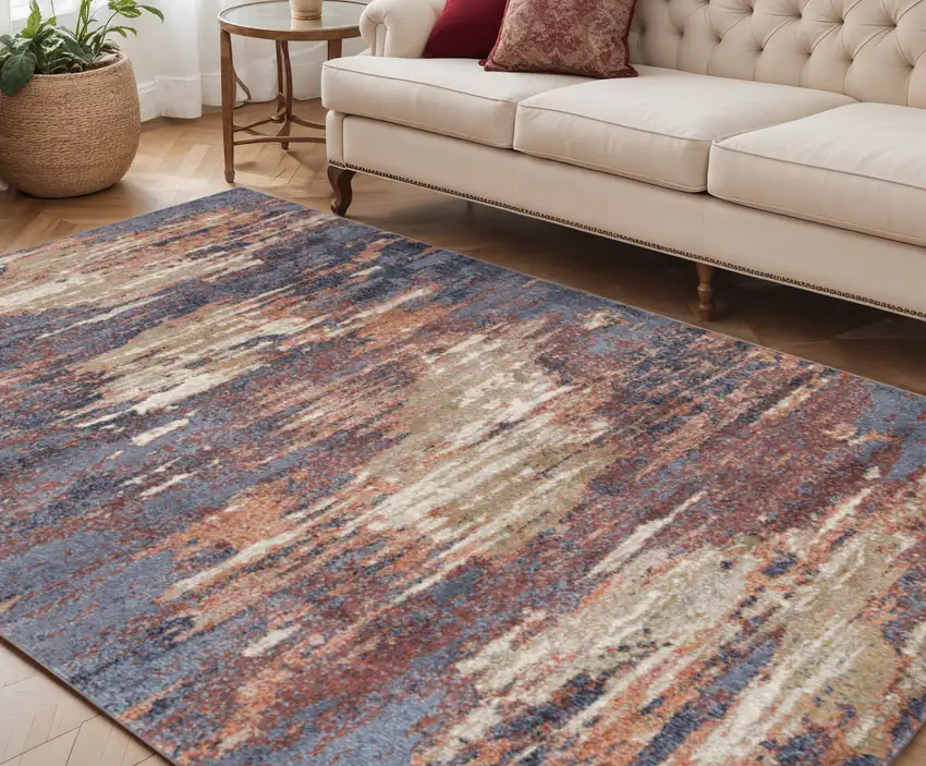 Ivory Rust and Blue Abstract Power Loom Area Rug Photo 1