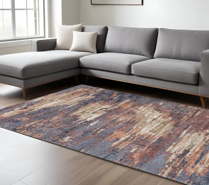 Ivory Rust and Blue Abstract Power Loom Area Rug Photo 1