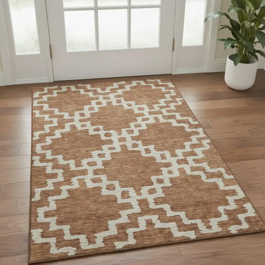 Rust And Beige Abstract Geometric Washable Area Rug With UV Protection Photo 2