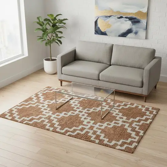 Rust And Beige Abstract Geometric Washable Area Rug With UV Protection Photo 2
