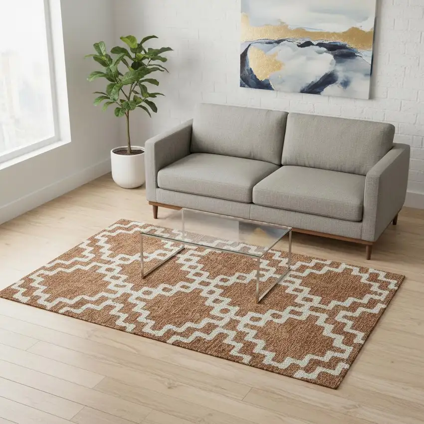 Rust And Beige Abstract Geometric Washable Area Rug With UV Protection Photo 2