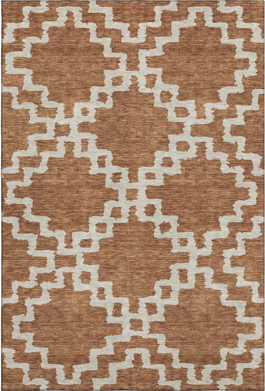 Rust And Beige Abstract Geometric Washable Area Rug With UV Protection Photo 1