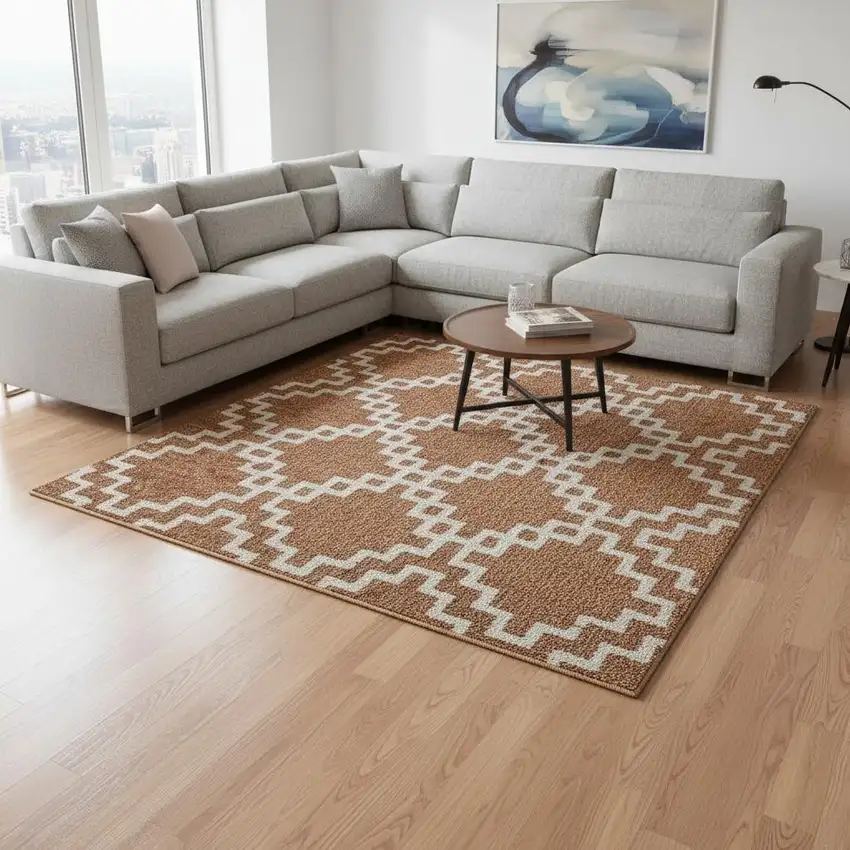 Rust And Beige Abstract Geometric Washable Area Rug With UV Protection Photo 2