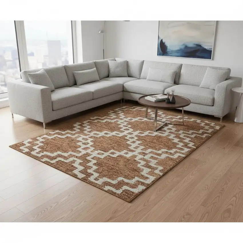 Rust And Beige Abstract Geometric Washable Area Rug With UV Protection Photo 2