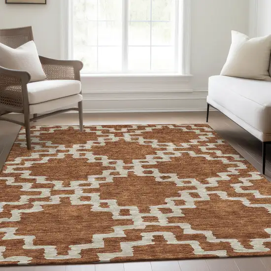 Rust And Beige Abstract Geometric Washable Area Rug With UV Protection Photo 6