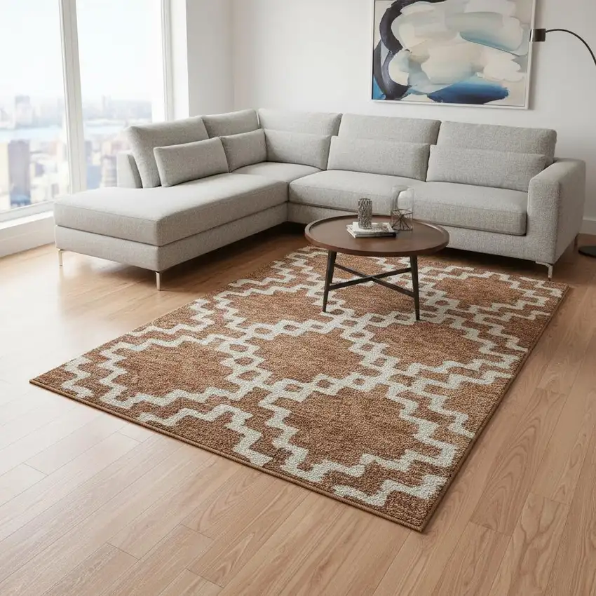 Rust And Beige Abstract Geometric Washable Area Rug With UV Protection Photo 2