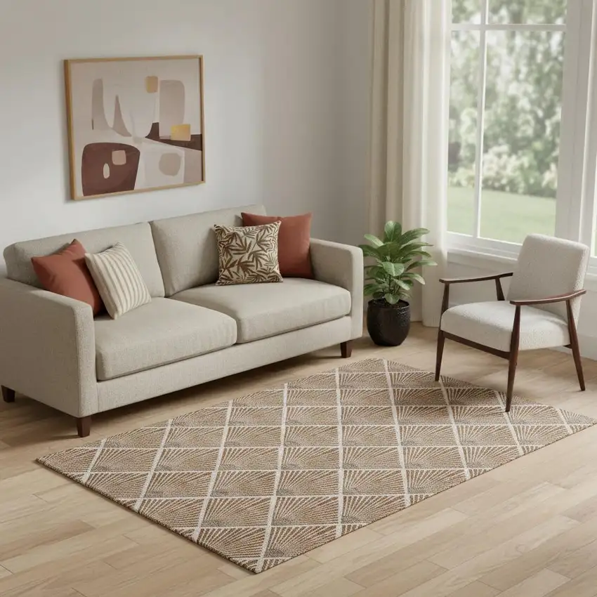 Rust And Beige Abstract Geometric Washable Area Rug With UV Protection Photo 1