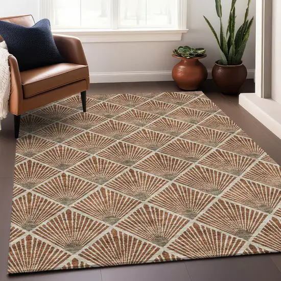 Rust And Beige Abstract Geometric Washable Area Rug With UV Protection Photo 5