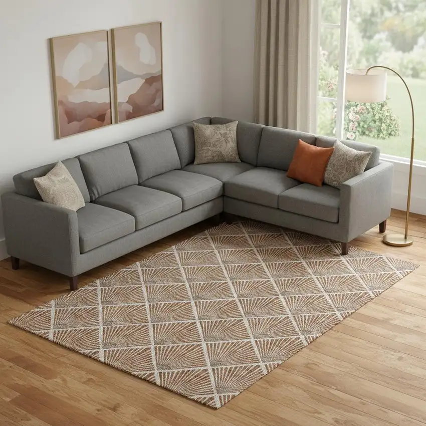 Rust And Beige Abstract Geometric Washable Area Rug With UV Protection Photo 1