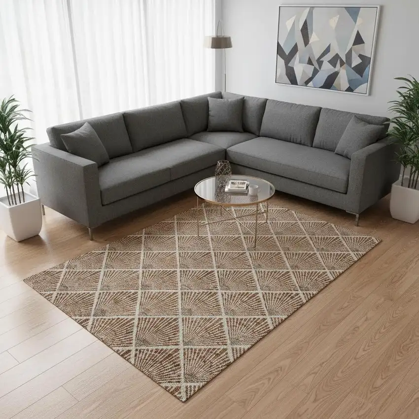 Rust And Beige Abstract Geometric Washable Area Rug With UV Protection Photo 2