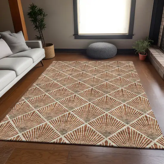 Rust And Beige Abstract Geometric Washable Area Rug With UV Protection Photo 6