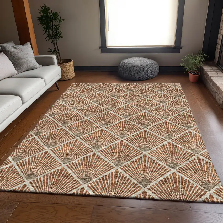 Rust And Beige Abstract Geometric Washable Area Rug With UV Protection Photo 6