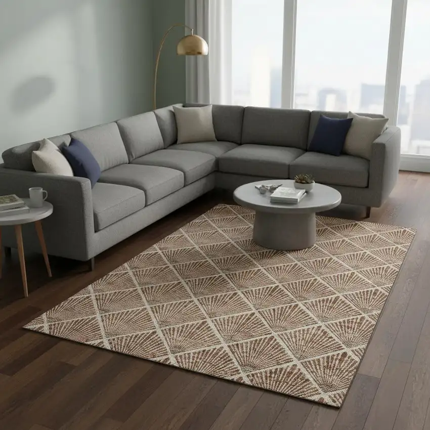 Rust And Beige Abstract Geometric Washable Area Rug With UV Protection Photo 2