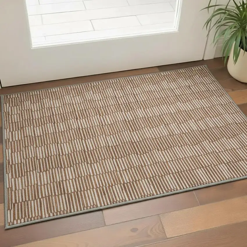 Rust And Beige Abstract Geometric Washable Area Rug With UV Protection Photo 2