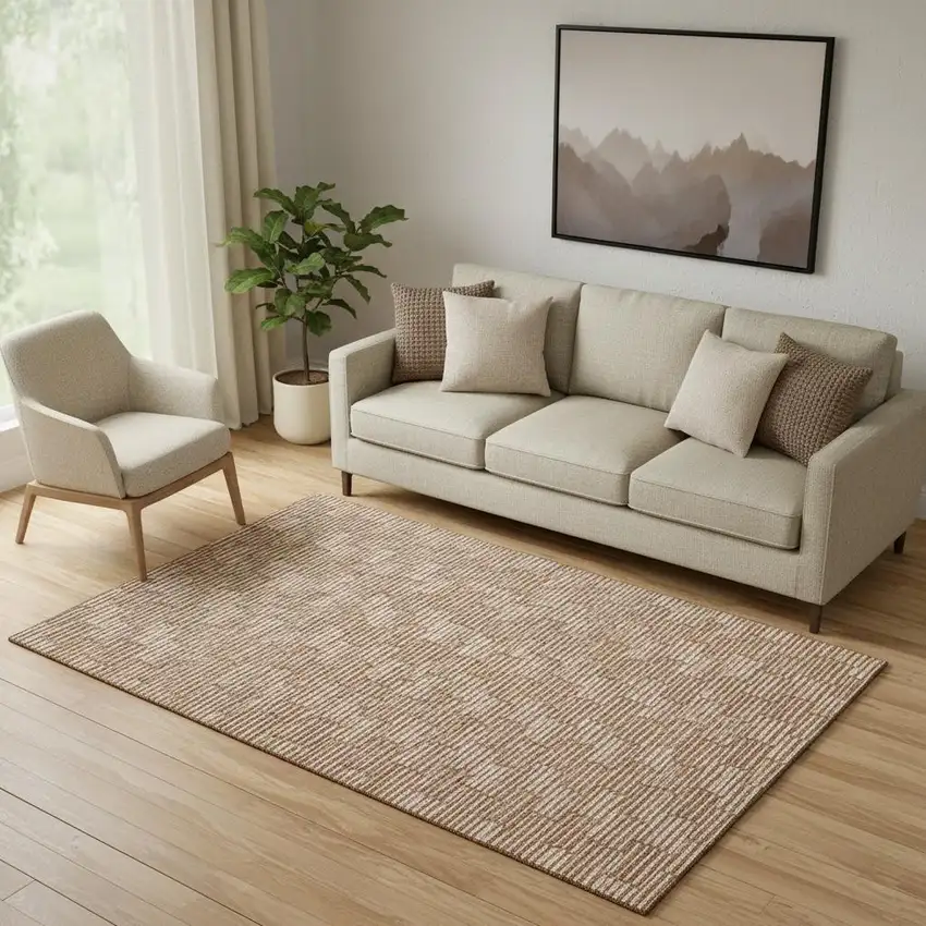 Rust And Beige Abstract Geometric Washable Area Rug With UV Protection Photo 1