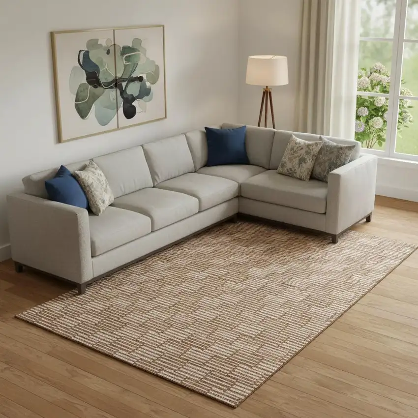 Rust And Beige Abstract Geometric Washable Area Rug With UV Protection Photo 1