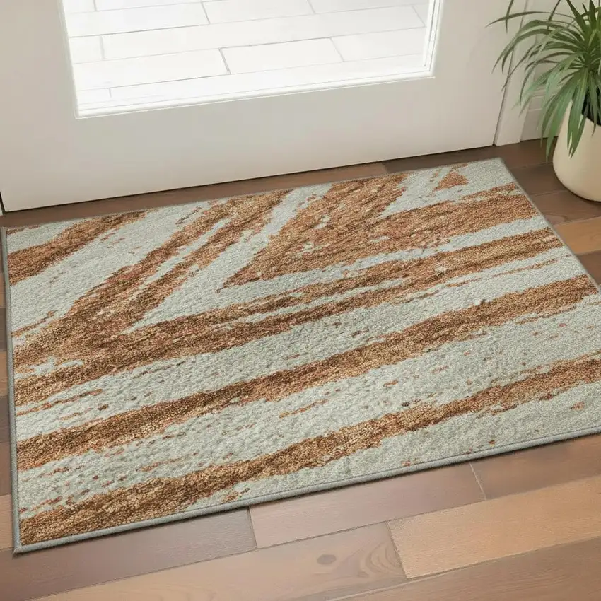 Rust And Beige Abstract Washable Area Rug With UV Protection Photo 2