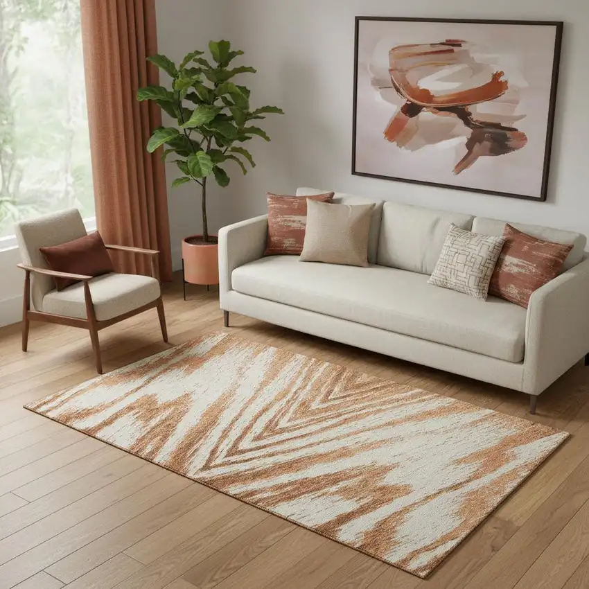 Rust And Beige Abstract Washable Area Rug With UV Protection Photo 1