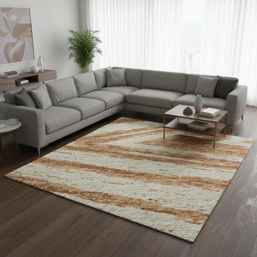 Rust And Beige Abstract Washable Area Rug With UV Protection Photo 2