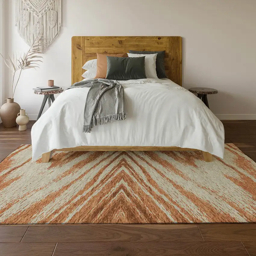 Rust And Beige Abstract Washable Area Rug With UV Protection Photo 5