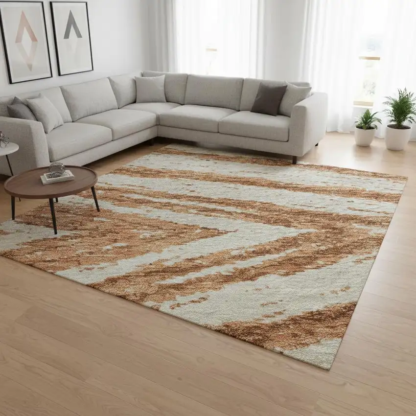 Rust And Beige Abstract Washable Area Rug With UV Protection Photo 2