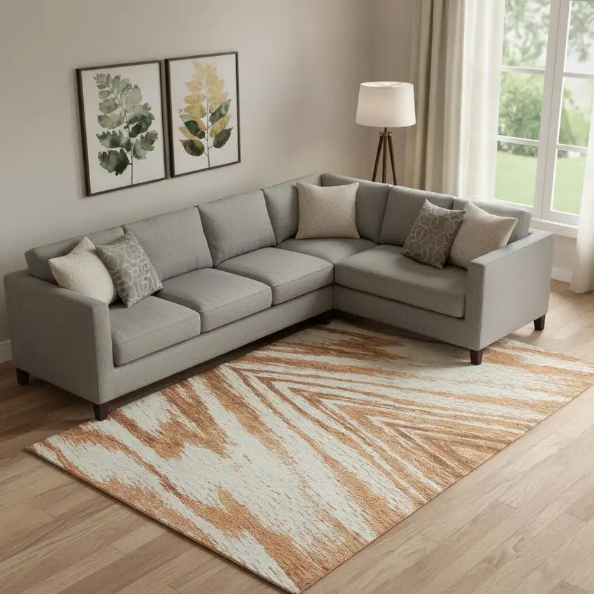 Rust And Beige Abstract Washable Area Rug With UV Protection Photo 1