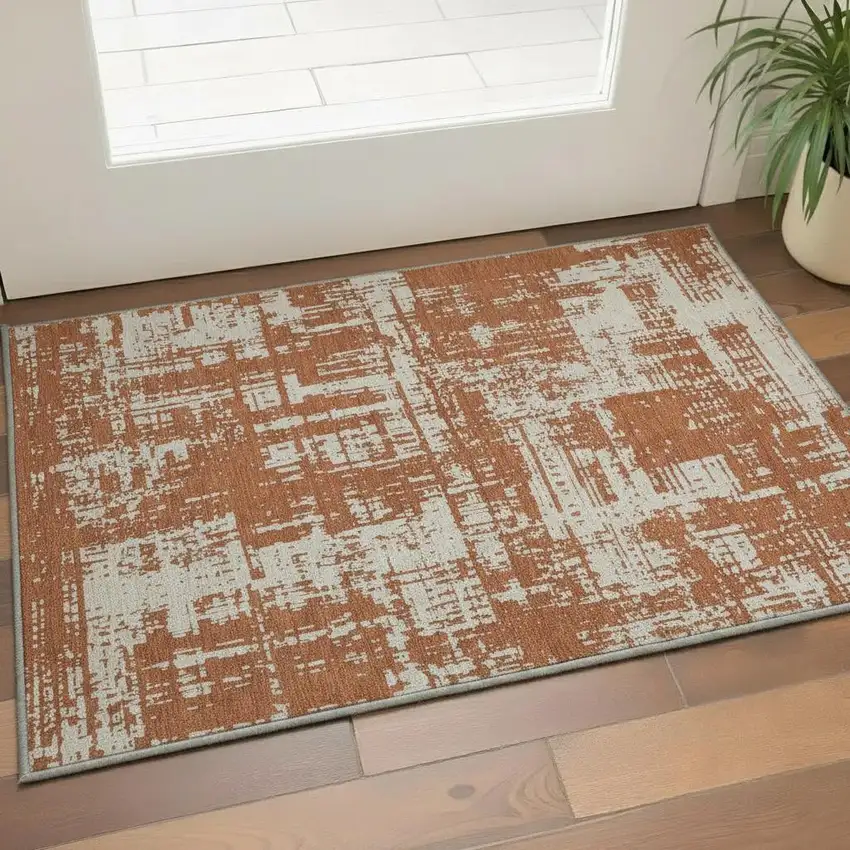 Rust And Beige Abstract Washable Area Rug With UV Protection Photo 2