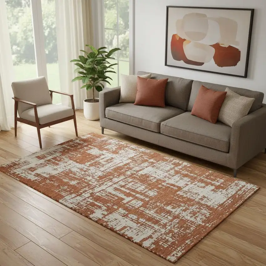 Rust And Beige Abstract Washable Area Rug With UV Protection Photo 1