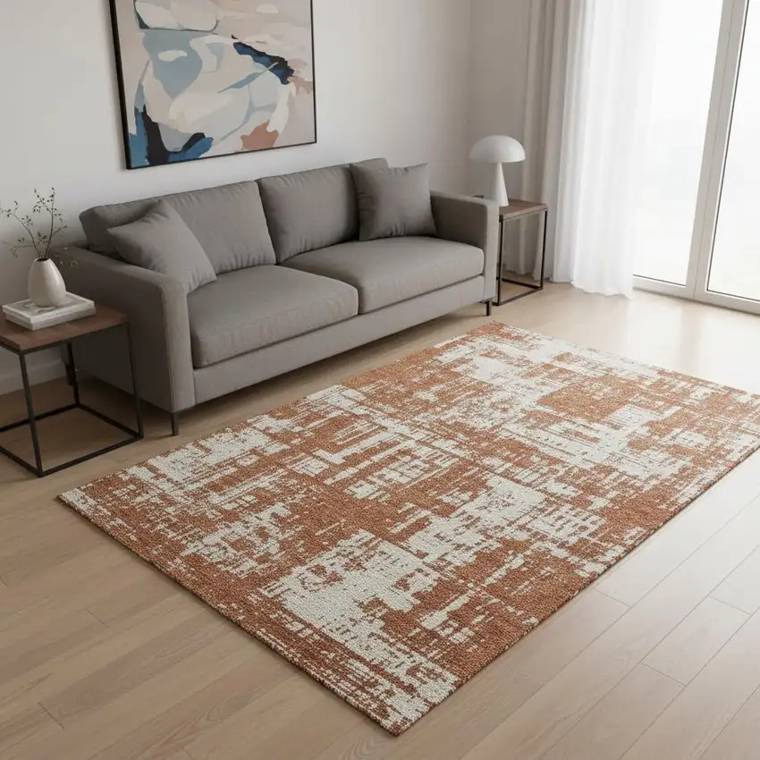 Rust And Beige Abstract Washable Area Rug With UV Protection Photo 2