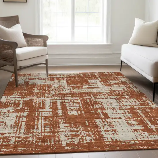 Rust And Beige Abstract Washable Area Rug With UV Protection Photo 6