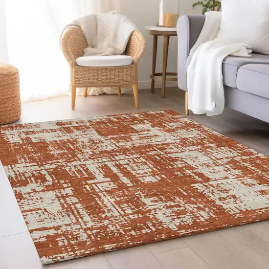 Rust And Beige Abstract Washable Area Rug With UV Protection Photo 5