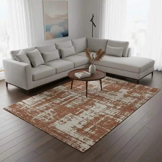 Rust And Beige Abstract Washable Area Rug With UV Protection Photo 2