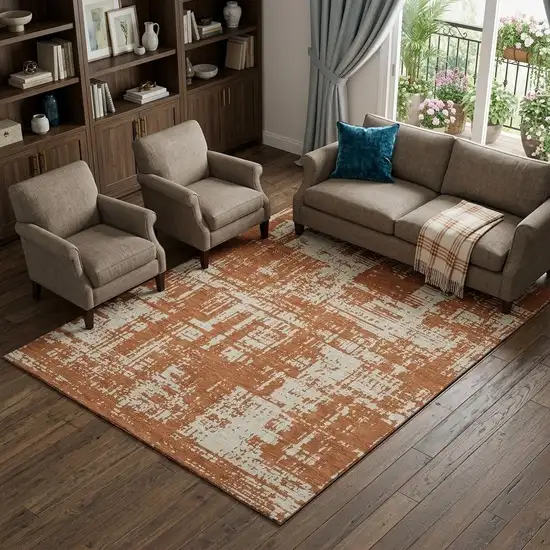 Rust And Beige Abstract Washable Area Rug With UV Protection Photo 1