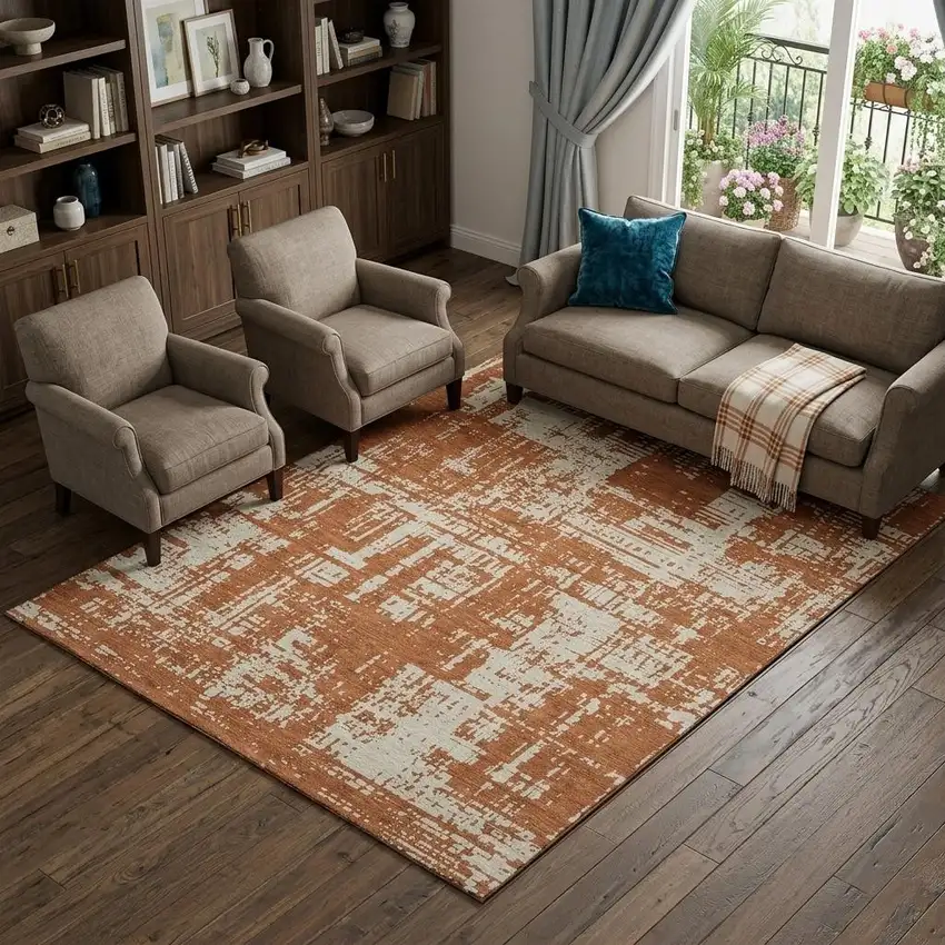 Rust And Beige Abstract Washable Area Rug With UV Protection Photo 1