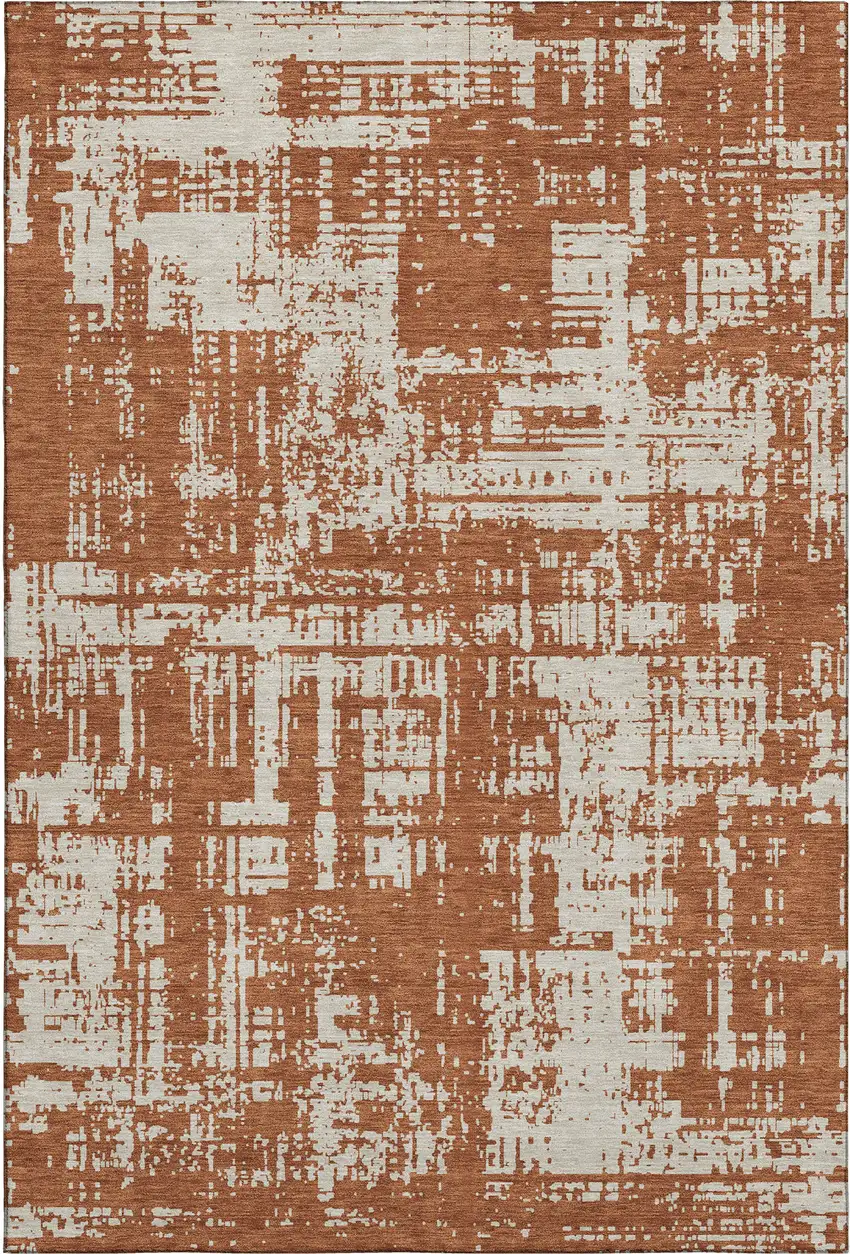 Rust And Beige Abstract Washable Area Rug With UV Protection Photo 1