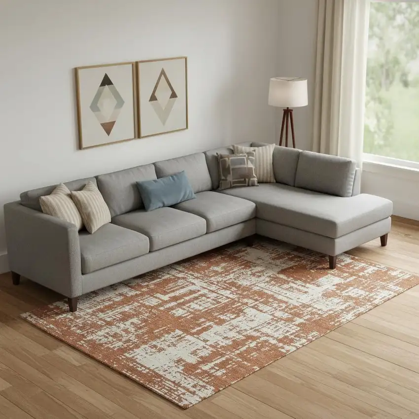 Rust And Beige Abstract Washable Area Rug With UV Protection Photo 1