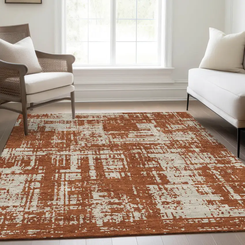 Rust And Beige Abstract Washable Area Rug With UV Protection Photo 6