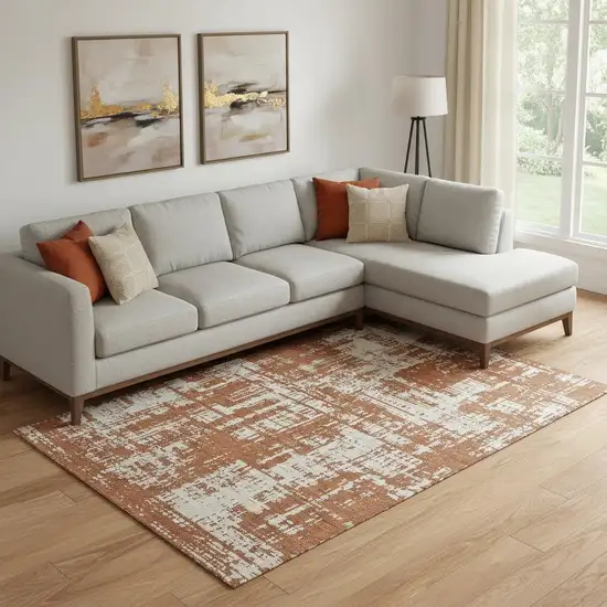 Rust And Beige Abstract Washable Area Rug With UV Protection Photo 1