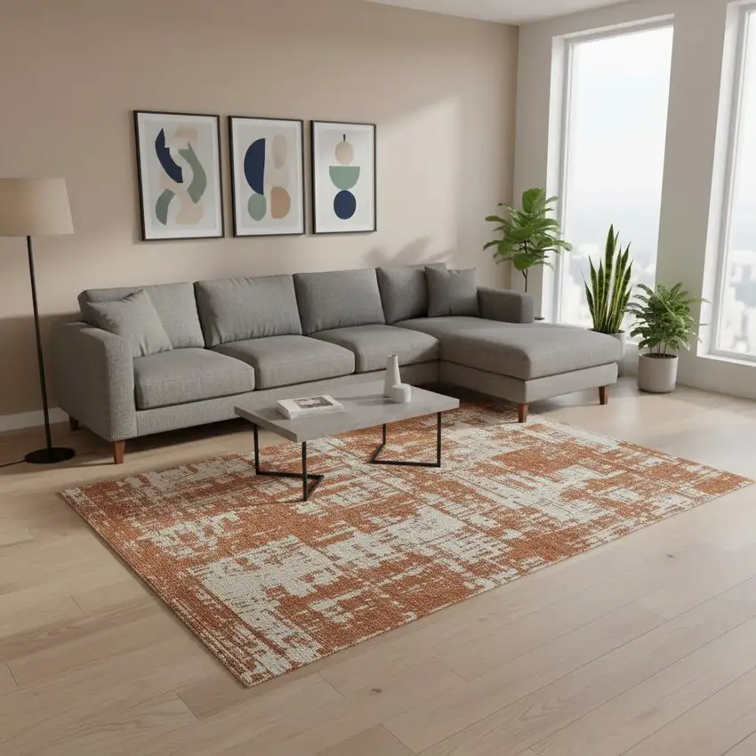 Rust And Beige Abstract Washable Area Rug With UV Protection Photo 2