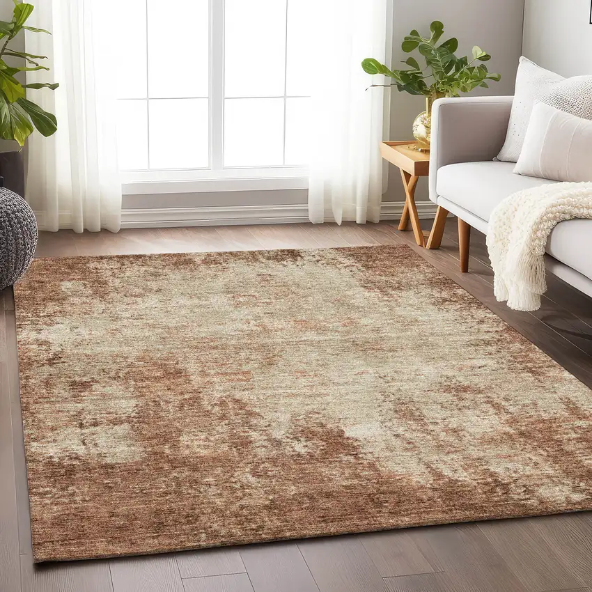 Rust And Beige Abstract Washable Area Rug With UV Protection Photo 2