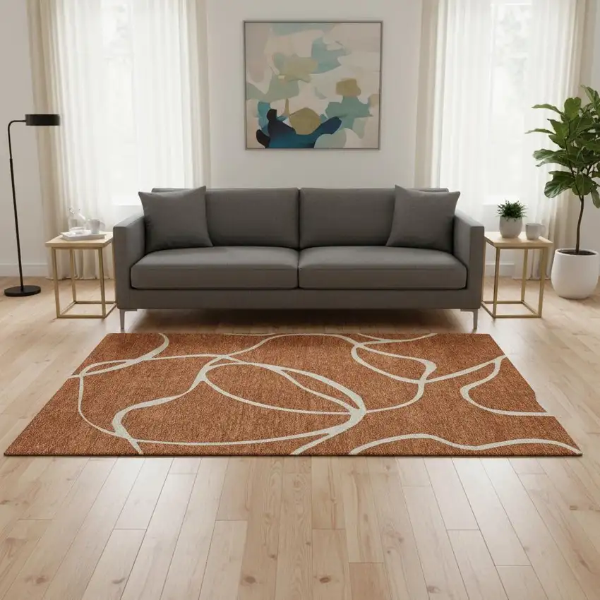 Rust And Beige Abstract Washable Area Rug With UV Protection Photo 2