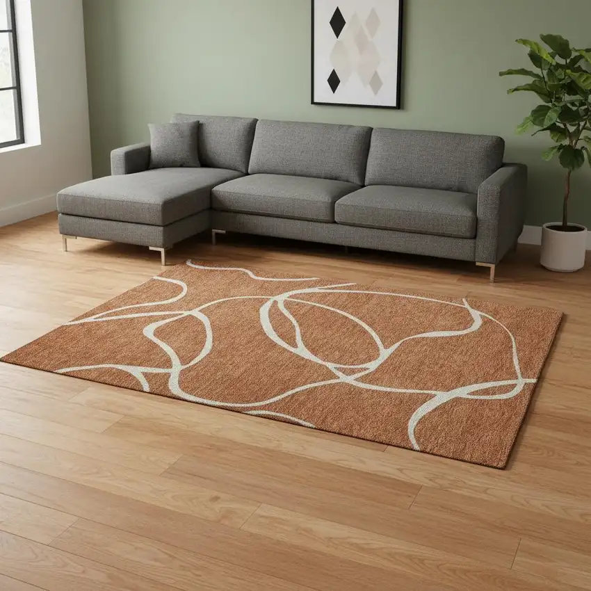 Rust And Beige Abstract Washable Area Rug With UV Protection Photo 2