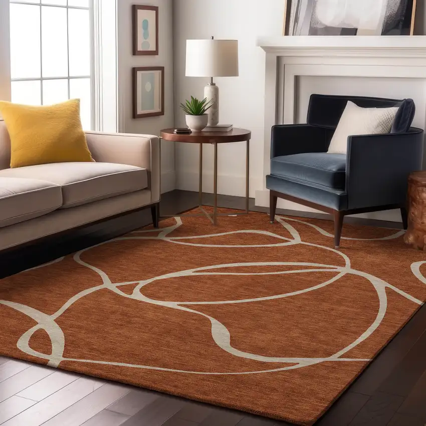 Rust And Beige Abstract Washable Area Rug With UV Protection Photo 4