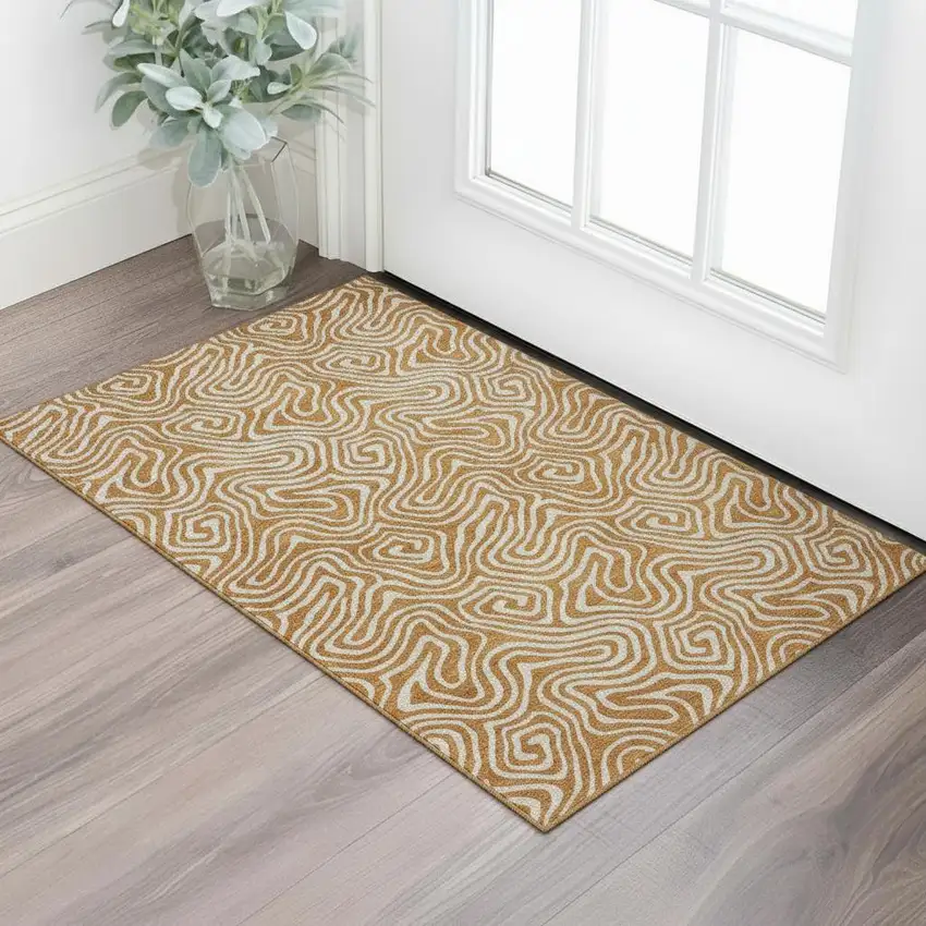 Rust And Beige Abstract Washable Area Rug With UV Protection Photo 2