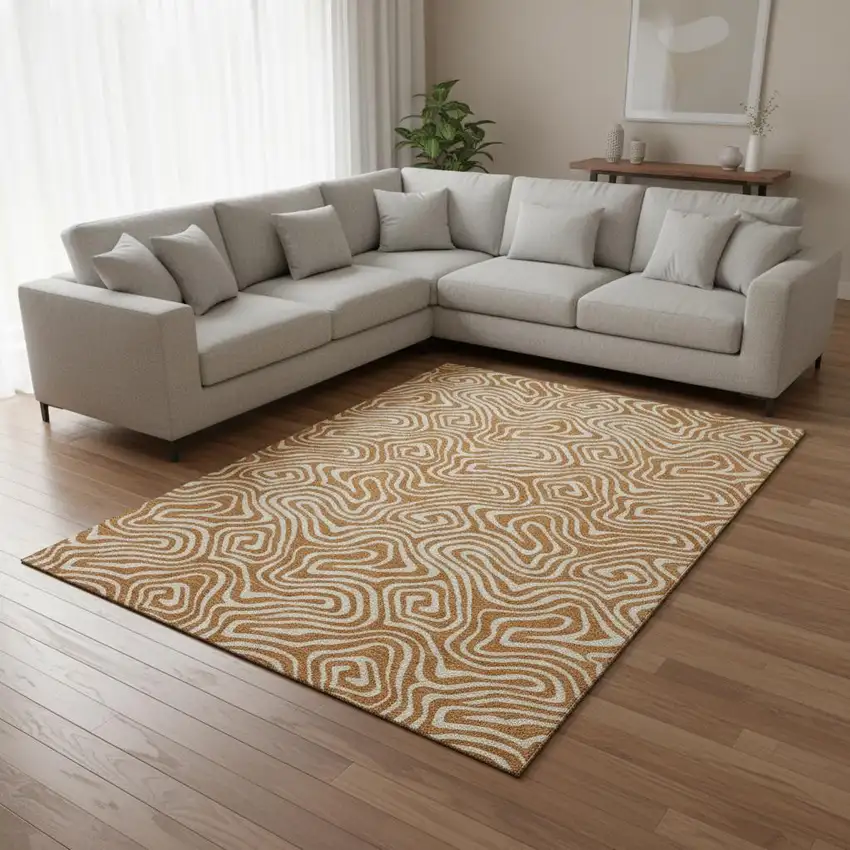 Rust And Beige Abstract Washable Area Rug With UV Protection Photo 2