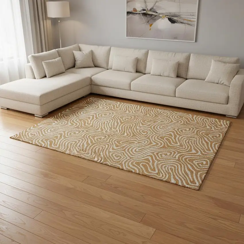 Rust And Beige Abstract Washable Area Rug With UV Protection Photo 2