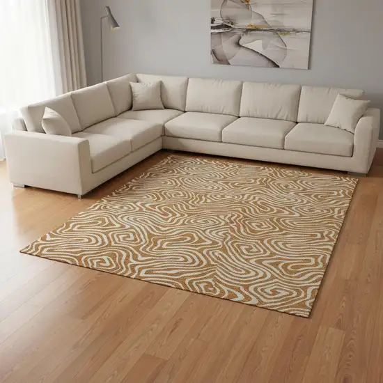 Rust And Beige Abstract Washable Area Rug With UV Protection Photo 2